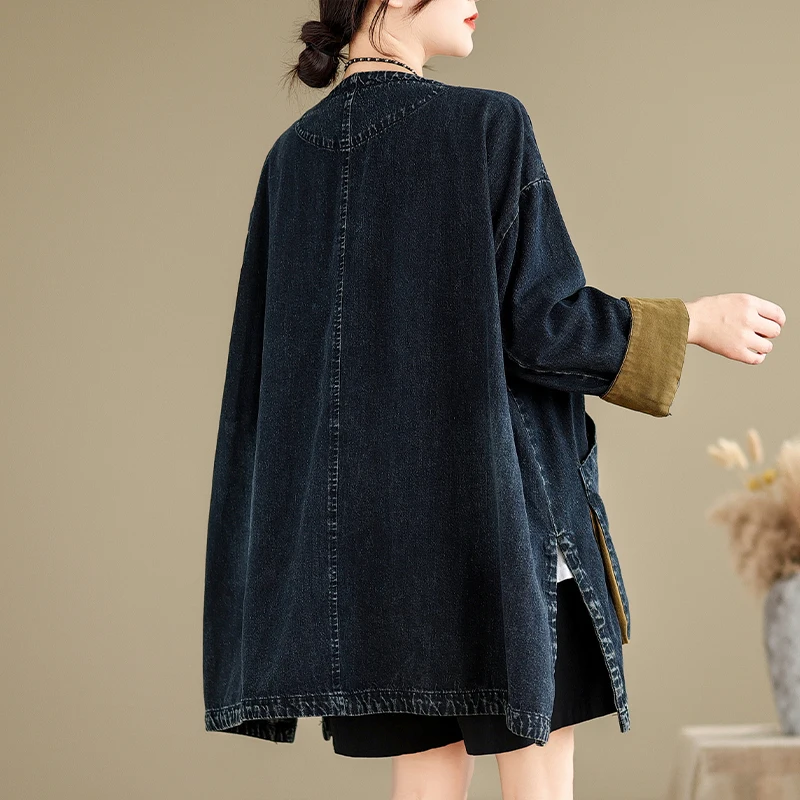 Loose Fit Vintage V-Ne Denim Jaet Autumn Collection Long Sve Mid-Length Coat Lazy Sle Casual Women's Faion