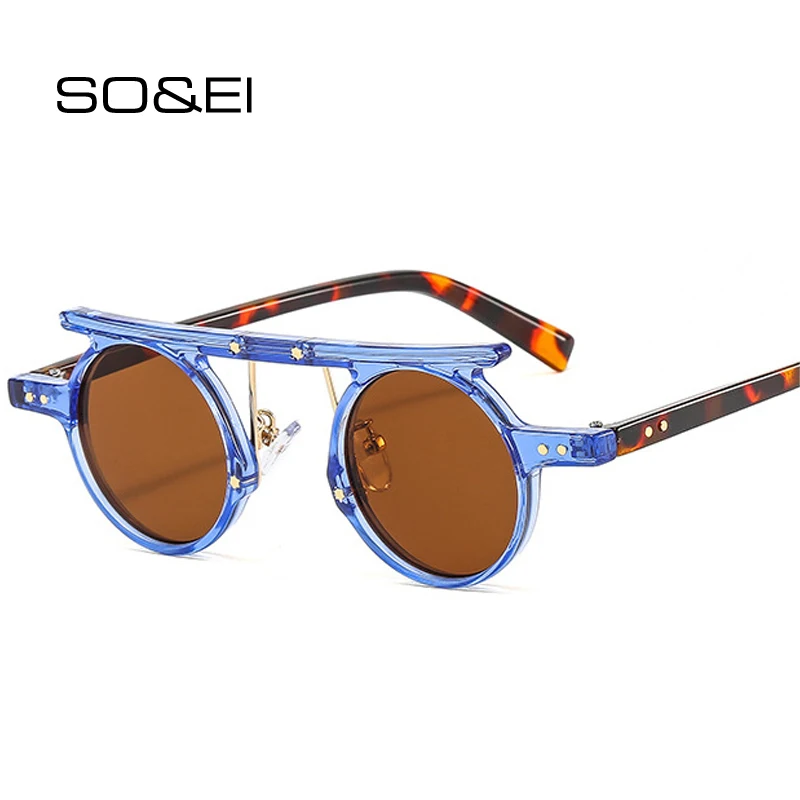 

SO&EI Retro Double Color Small Round Women Sunglasses Fashion Clear Ocean Gradient Lens Men Punk Sun Glasses Shades UV400