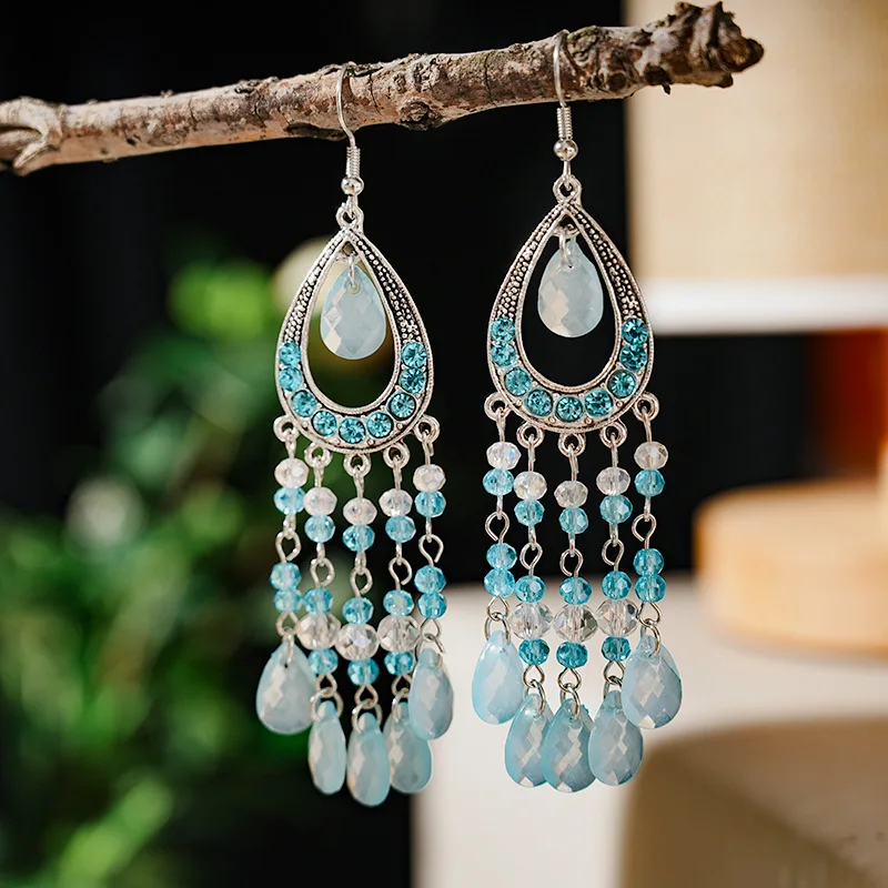 Bohemian Vintage Crystal Rhinestone Handmade Beads Tassel Long Drop Dangle Earring For Women Wedding Trendy Boho Jewelry Earings