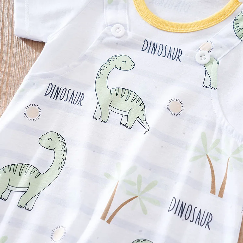 Summer Newborn Boys And Girls Cute Cartoon Stripe Dinosaur Full Print Comfortable Short Sleeve Jumpsuit