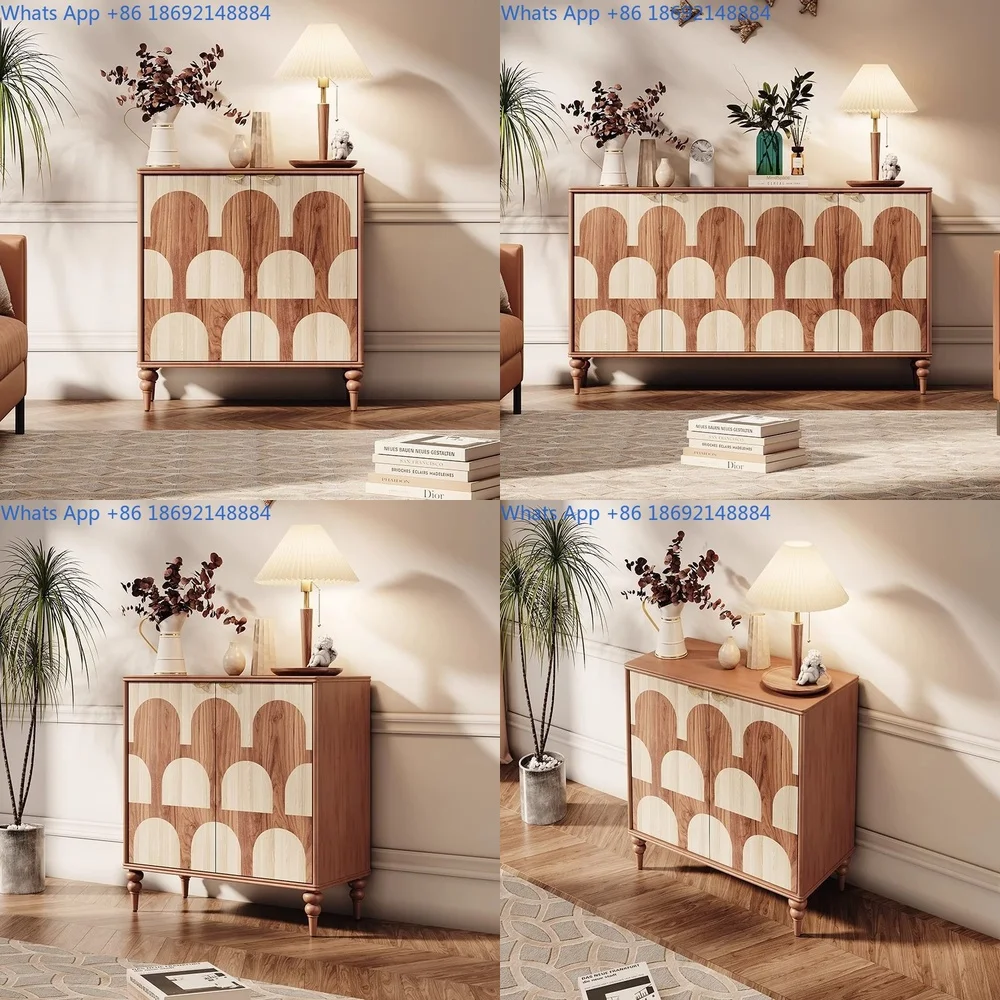 French vintage solid wood entry cabinet storage console table with artistic inlay design for home hallway dining sideboard