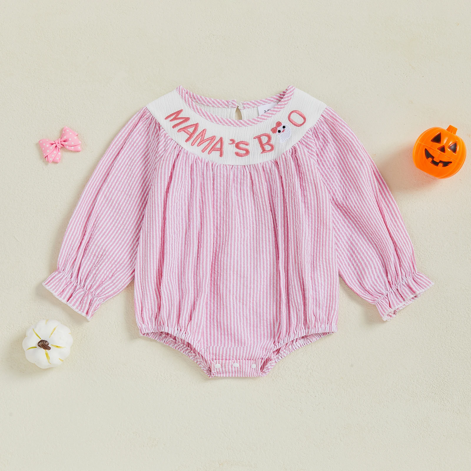 

VISgogo Baby Girl Halloween Stripe Romper Letter Ghost Embroidery Long Sleeve Round Neck Bubble Jumpsuit