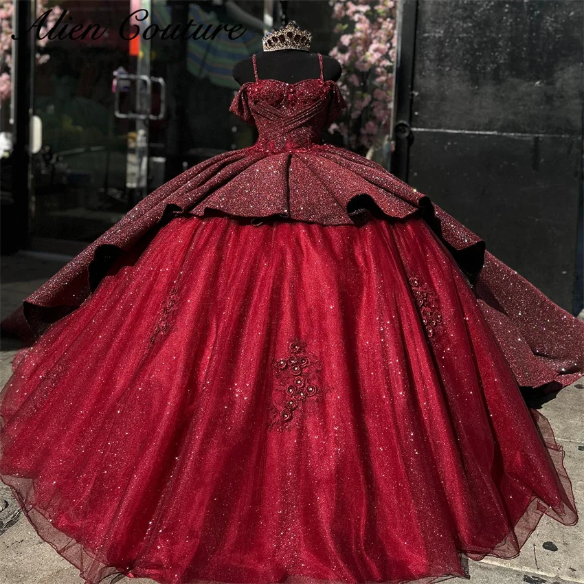 Glitter Red Quinceanera Dresses Princess Applique Spaghetti Straps Vestidos 15 Quinceañera 2024 Train