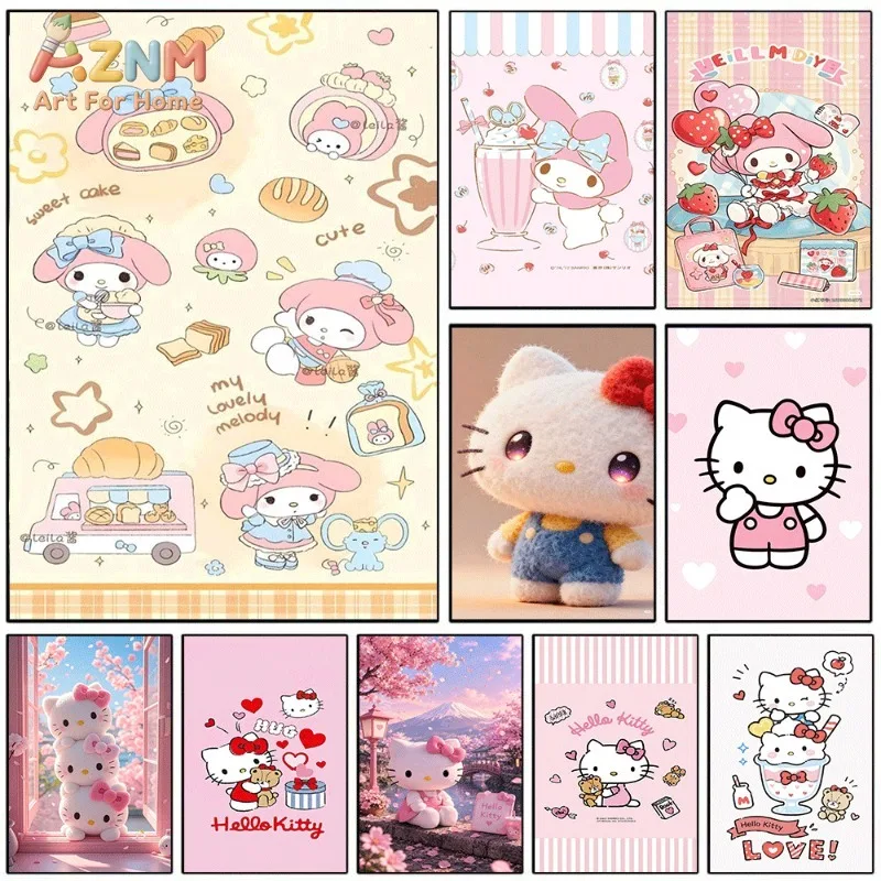 My Melody Hello Kitty Canvas Poster Cute Sanrio Cartoon Print Unframed Canvas Art Bakery Food Strawberry Milkshake Sweet Kawaii