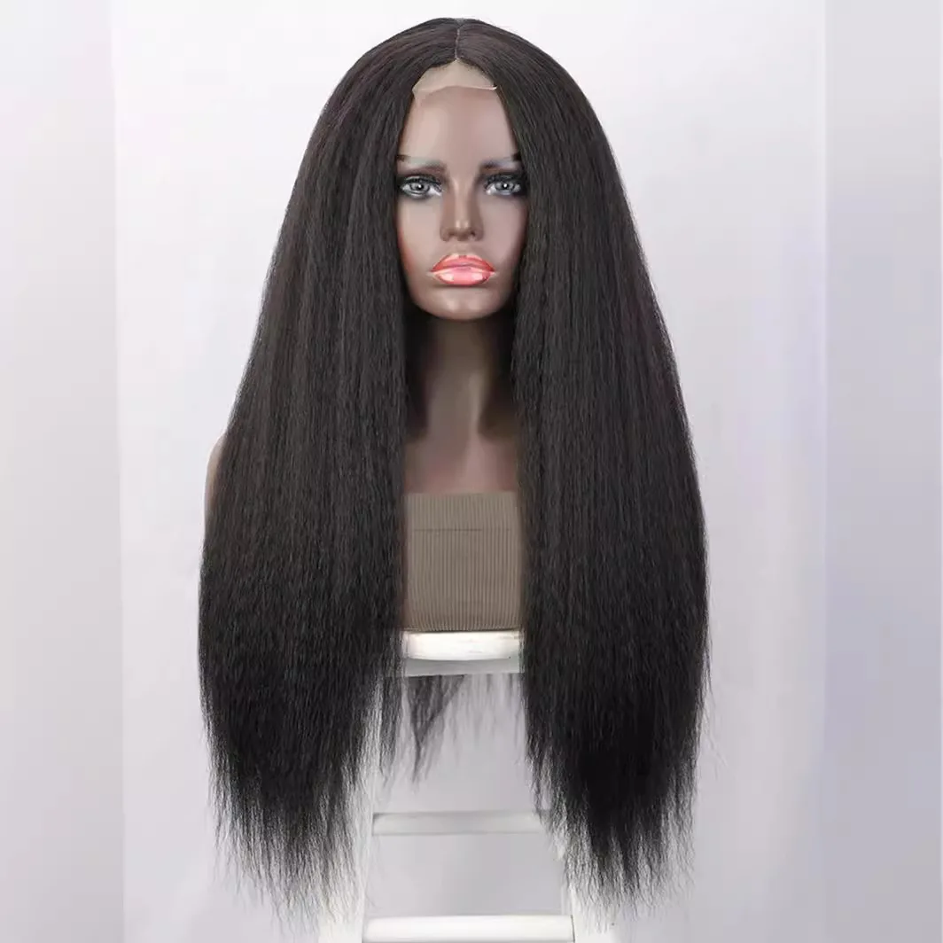 Kinky Straight Wig Long Black Wig Long Yaki Straight Hair Sythetic Lace Wig Lace Area For Everyday Wear Yaki Straight Hair