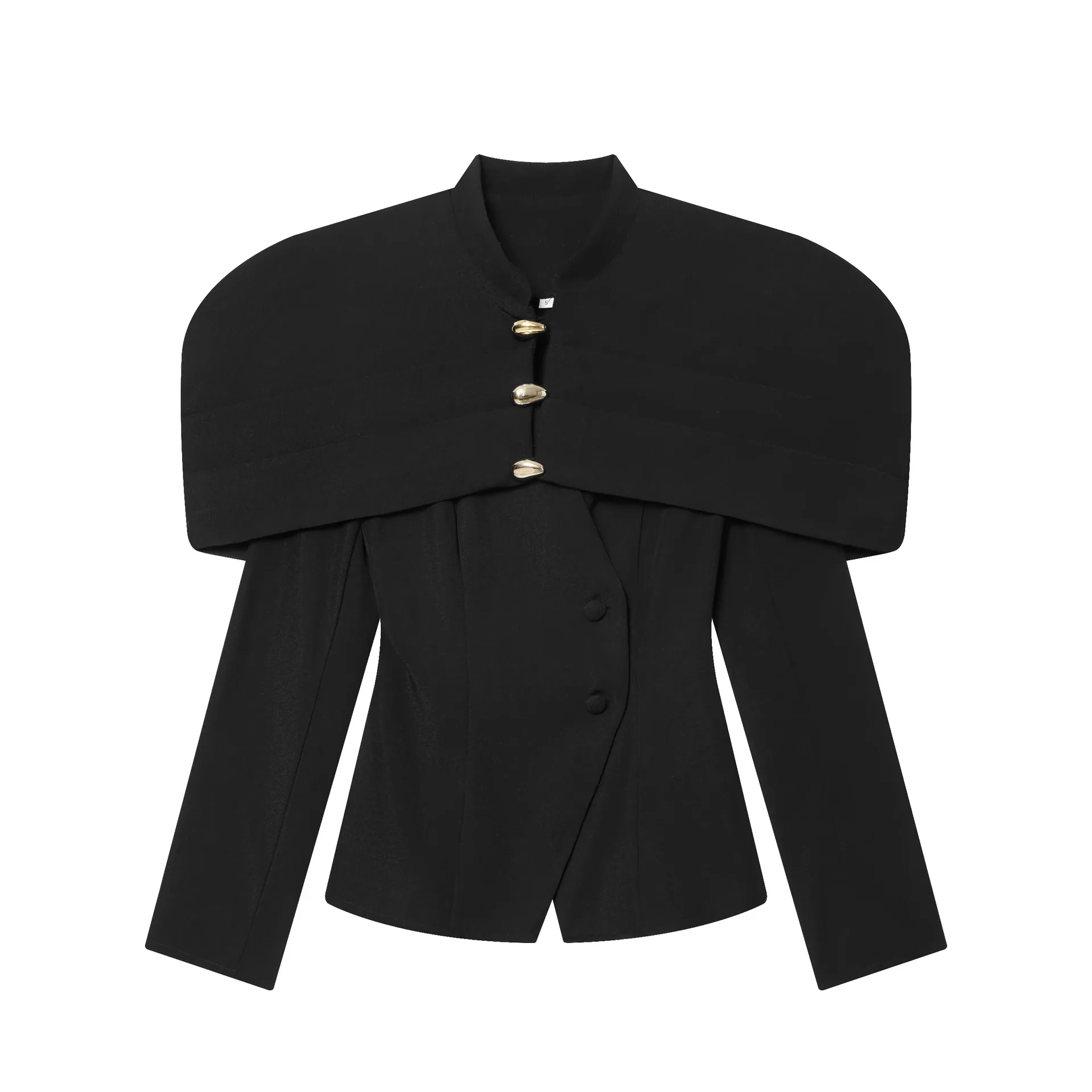 

Women's Slim-Fit Waist-Cinching Black White Shoulder Blazer For Women With Gold Buttons Tailored Long Sleeve Formal Jacket BPI6