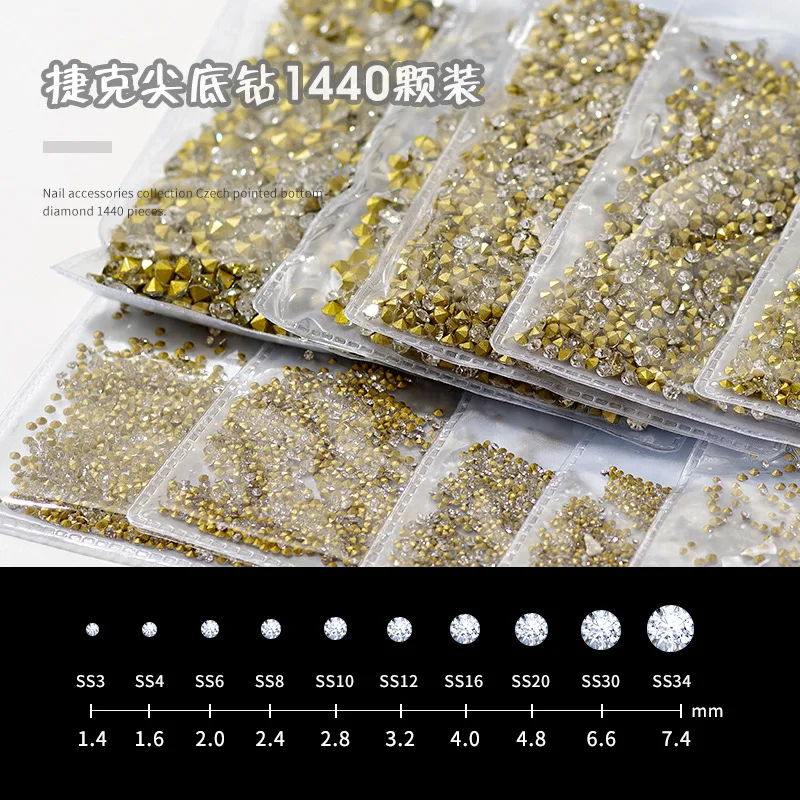 1440pcs SS3-ss20 Clear Crystal Nail Art Pointed Bottom Glass Rhinestone 3D Bridal Nail Jewelry Glass Stone Nail Art Decorations