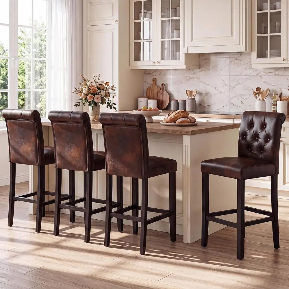 24 Inches Leather Counter Height Stools Set o 4 with Solid Wood Legs Bar Chairs or Kitchen lsland & Dining Room(Brown,4PCS)