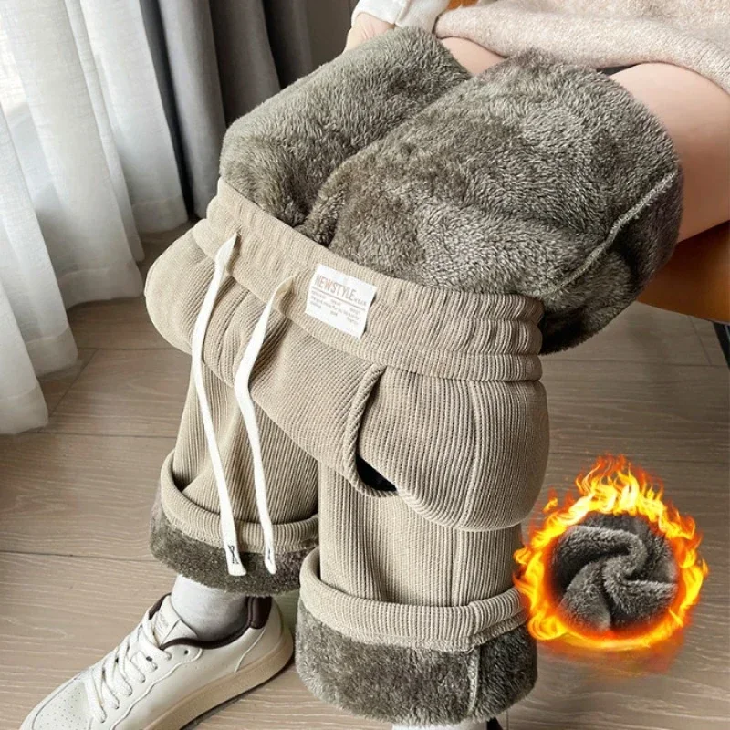 Winter Lamb Wool Wide Leg Pants Women's Sweatpants Coldproof Thick Velvet Windproof Keep Warm Cotton Corduroy Straight Leg Pants