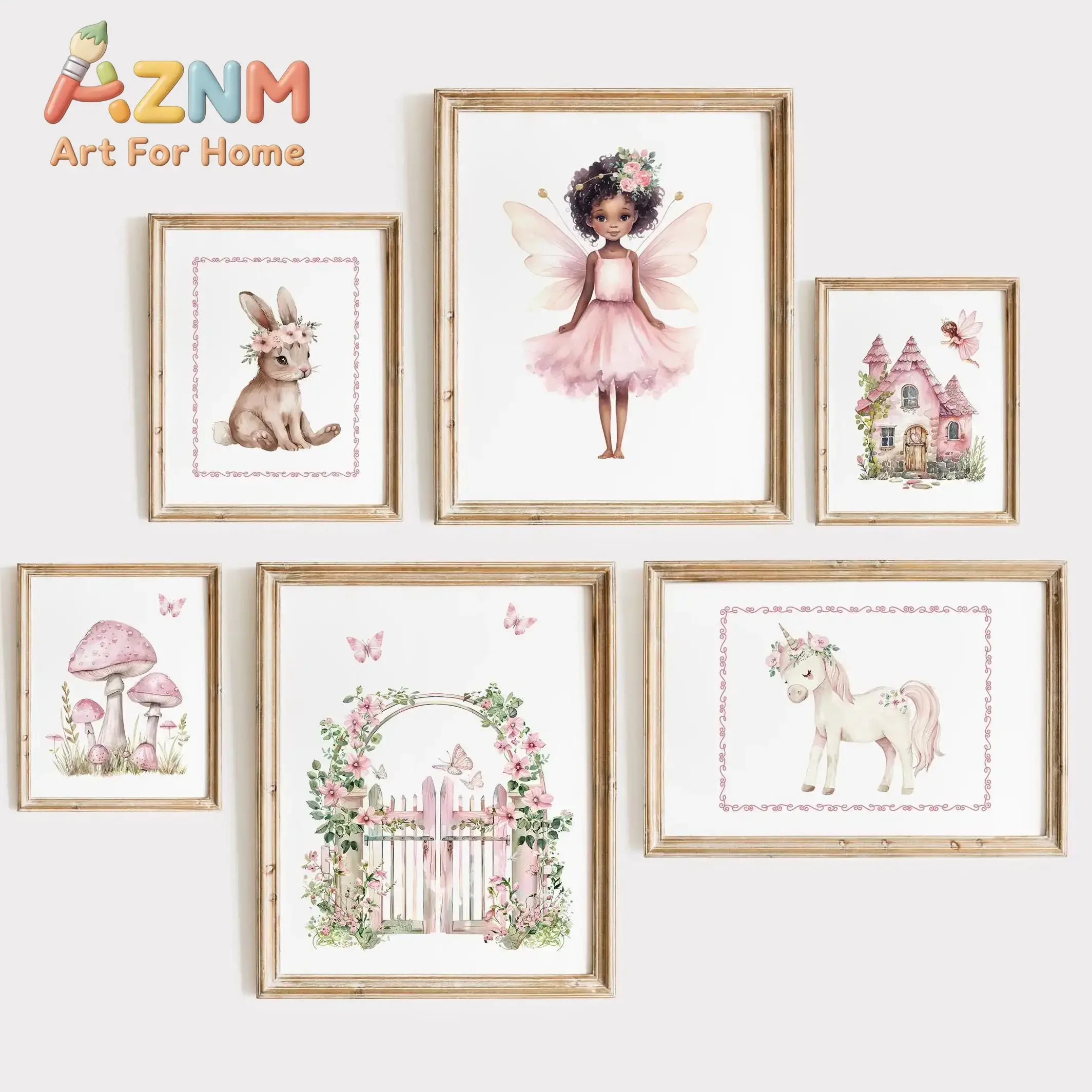 AZNM Frameless Canvas Wall Art Watercolor Fairy Rabbit Unicorn Mushroom Floral Garden Print Pink Girls Nursery Bedroom Decor Pos