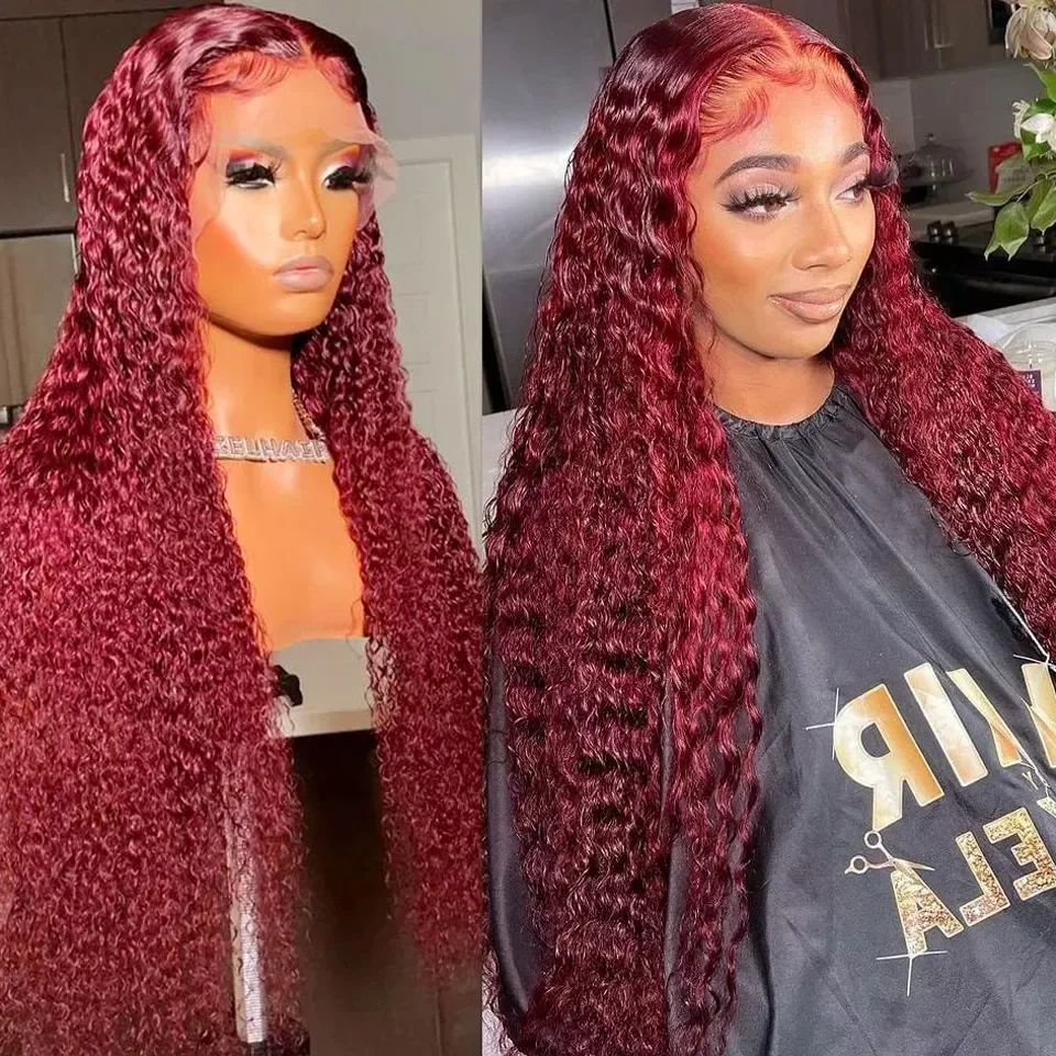 

99J Burgundy 13x4 HD Lace Frontal Human Hair Wigs Water Wave Glueless Red Colored Brazilian Wig For Women Curly Human Hair 180%