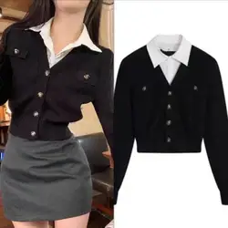 Fake Two Piece Patchwork Knitted Cardigan Women Polo Neck Slim Short Style Shirt Top