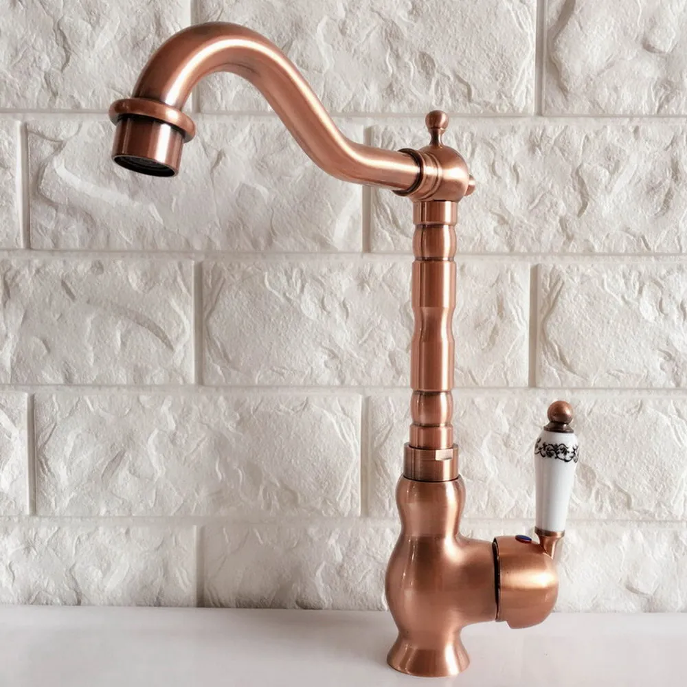 

Basin Faucet Vintage Red Copper Kitchen Bathroom Sink Taps Ceramic Handle Single Hole Deck Mount Hot And Cold Water Tap 2nf406