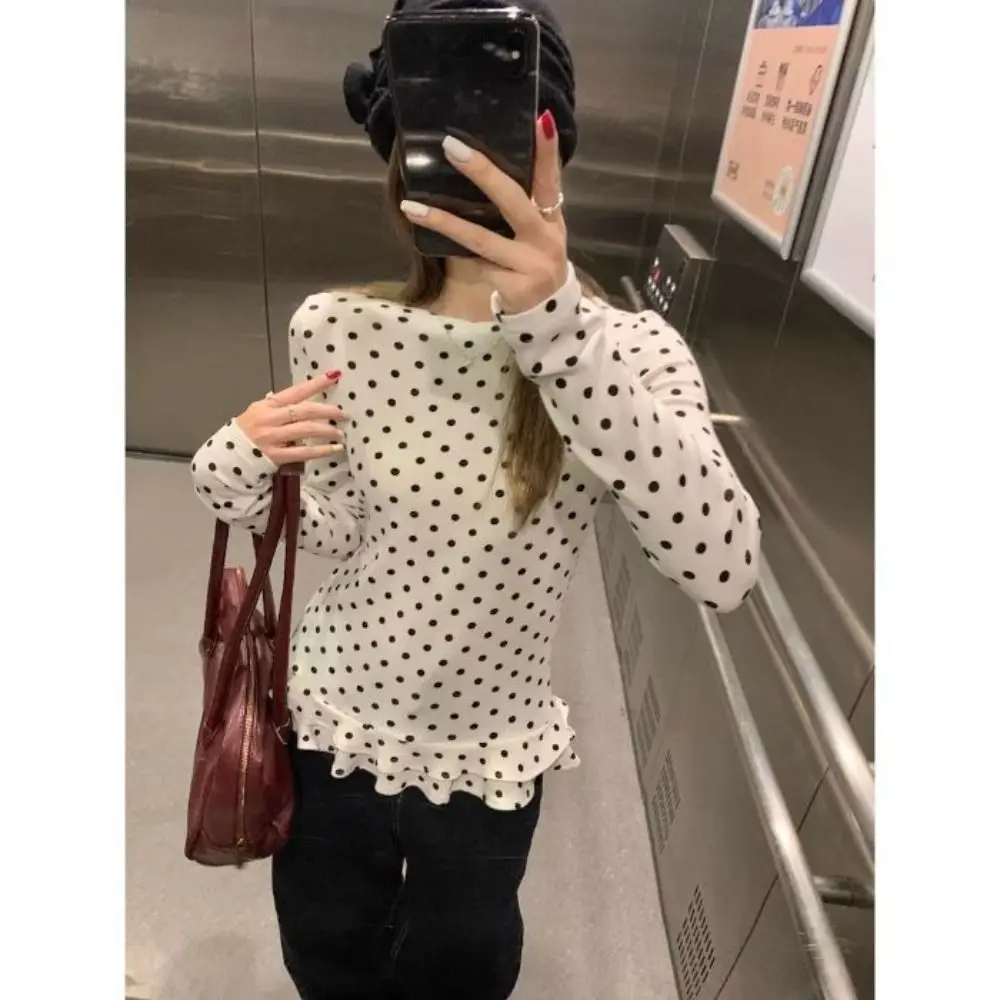 2025 Ruffle Trim Long Sleeve T-Shirt Polka Dot Thin Interior Top Sweet Layered Blouse