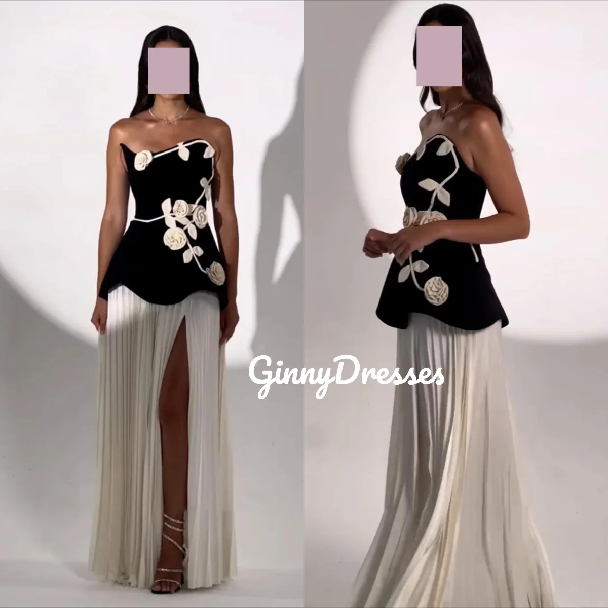 

Strapless Split Customize Dresses For Women A-Line Flowers Floor-Length Zipper Up Women'S Evening Dresses Sleeveless Vestidos De