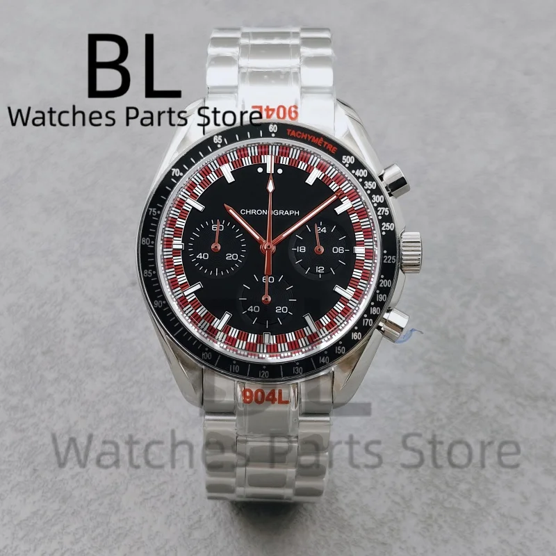 BLIGER 40mm VK63 Moon Quartz Chronograph Watch For Men Luminous Moon Red White Dial Domed Mineral Glass Waterproof Reloj Hombre