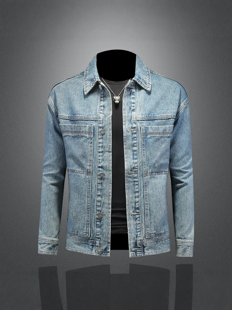 

Мужская джинсовая куртка с эффектом потертости, весна 2025, приталенный крой, с множеством карманов, модный бренд, корейский стиль, повседневная, с длинными рукавами