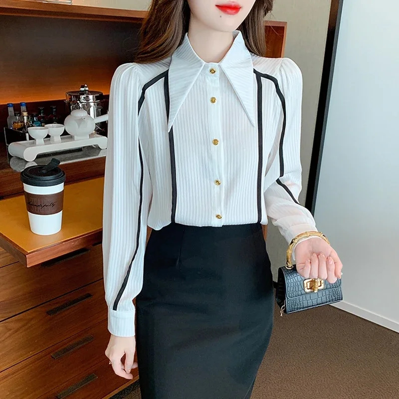 Elegant Long Sleeve Chiffon Shirts Women Autumn Winter Korean Fashion Clothing Blusas Mujer Striped Office Ladies Tops Blouses