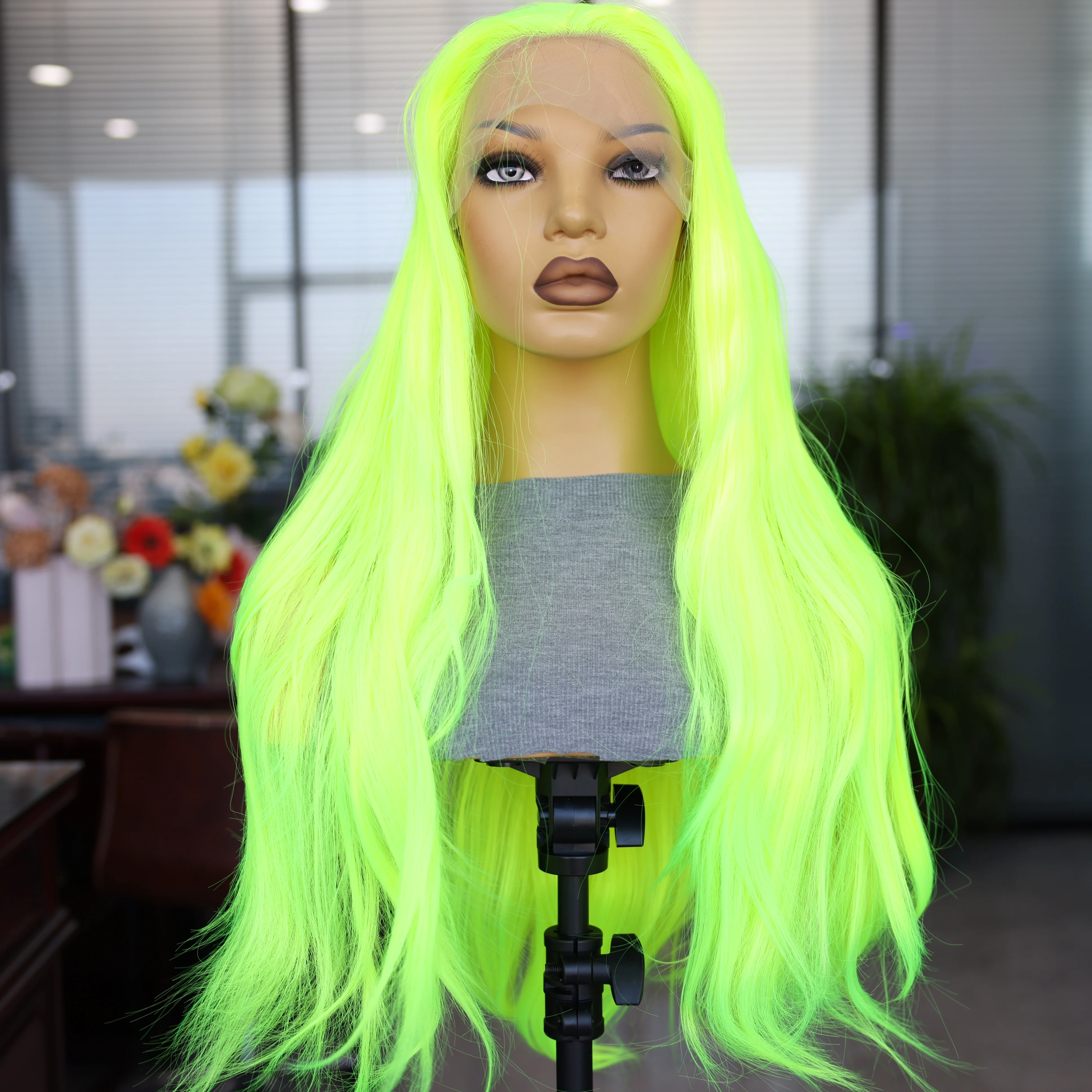 Green Synthetic Lace Wig for Cosplay Concert Long Fluorescent Green Straight Hair Wig No Gel No Falling Natural Hairline