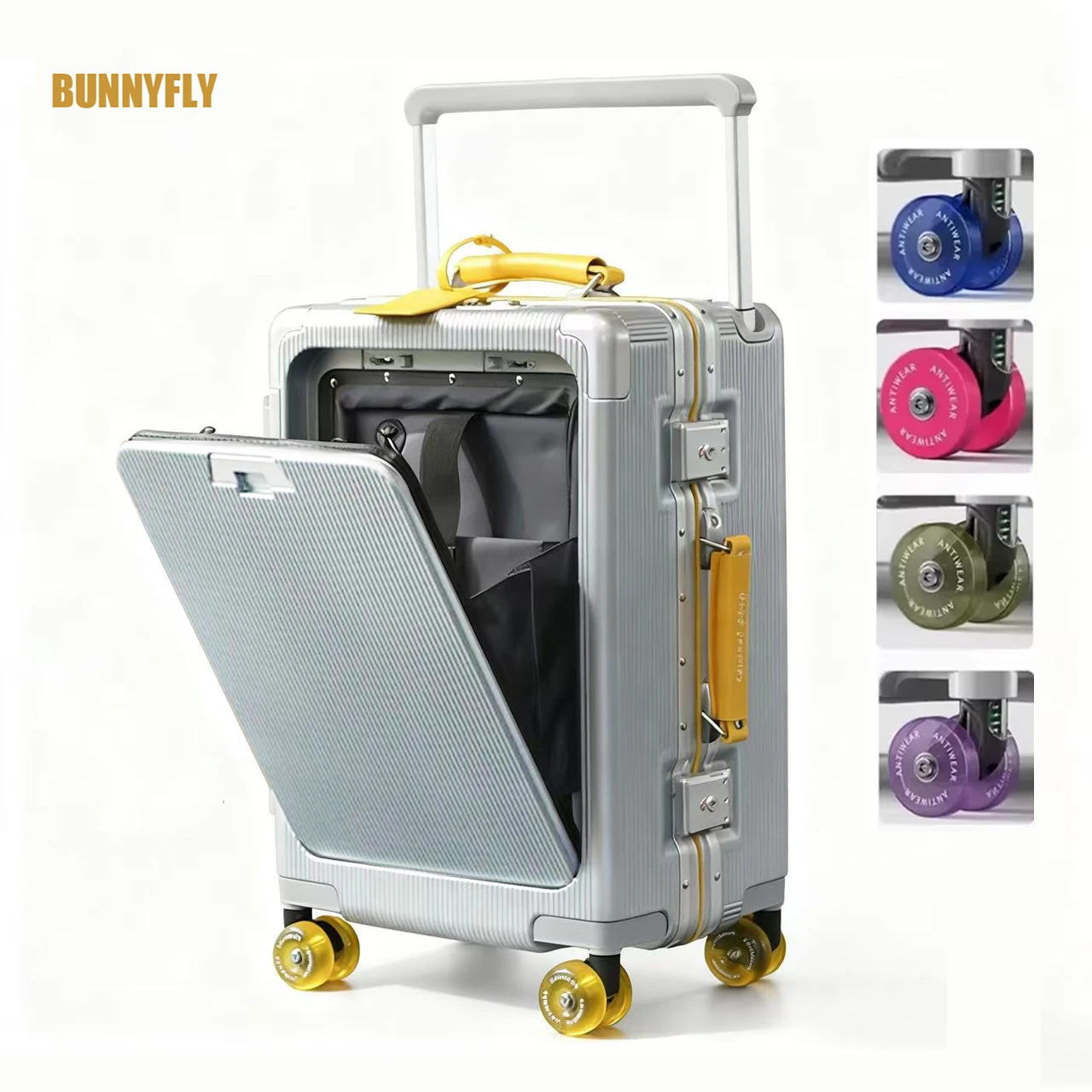 

Front Opening Luggage High Quality PC Aluminium Frame Suitcase Wide Handle Carry on Travel Luggage With Laptop USB Charger Port