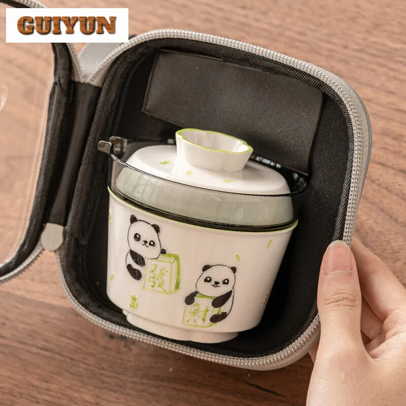 Hand-painted Panda Wealth Travel Tea Set Household Portable Tea Set Kit Luxury 1 Pot 3 Cups Tea Maker Tote Bag Equipment Gift