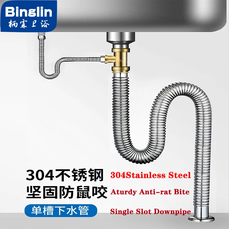 BINGLIN Kitchen Sink Filter Drain Hose Deodorant Drain Single/Double Sink Drain Set