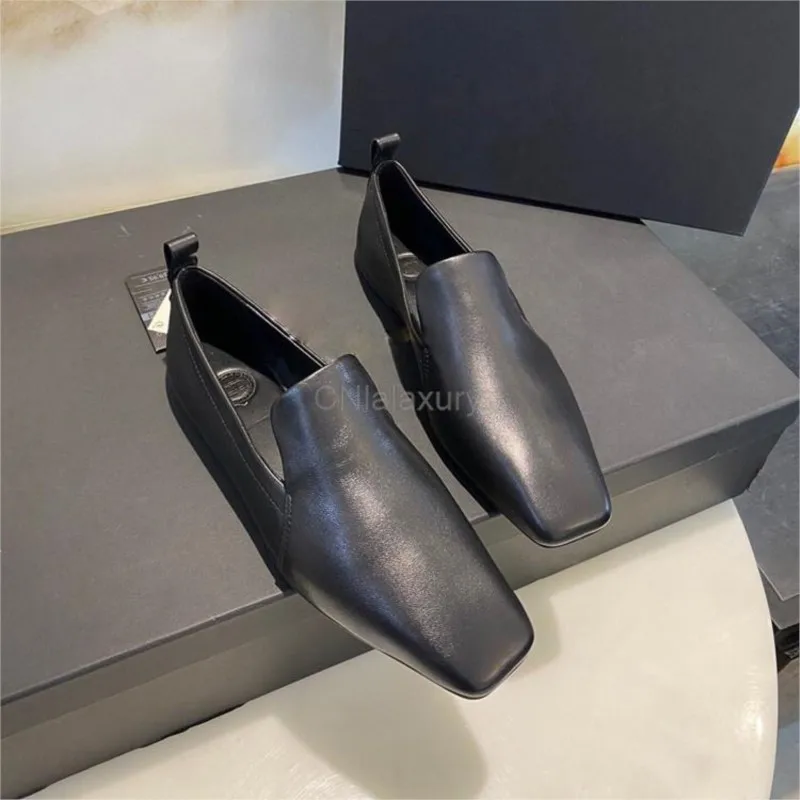 CNlalaxury 2024 New Fashion Women England Style Shoes Genuine Leather Square Head Flat Loafers Casual Solid Simple Shoes Female