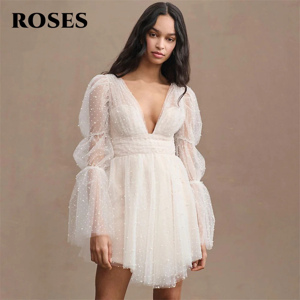 ROSES – robe formelle en Tulle avec perles blanches, tenue de soirée pour mariage, col en v, haute et basse, pour occasions spéciales, personnalisée
