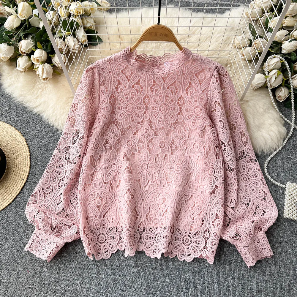 2023 New Spring Autumn Women Long Sleeve Loose Blouse High Quality Vintage Hook flower hollow Chemical Lace Runway Shirt