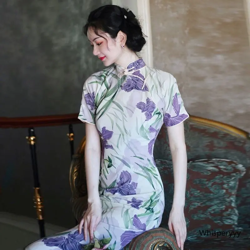 

Summer Retro Improved Chiffon Cheongsam Female Gentle Slim Elegant Dress Qipao Long Women Fashion Vintage Chinese Style Dress