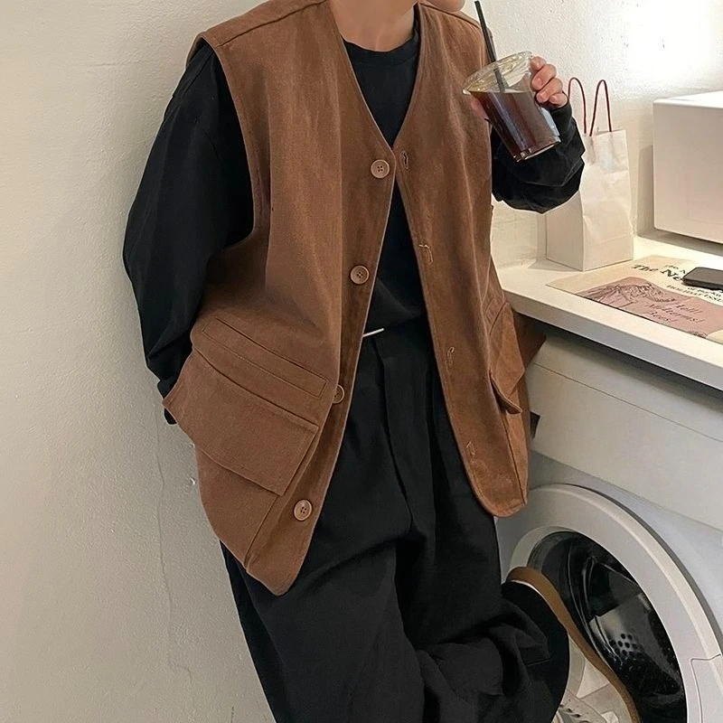 

Men's Plus Size Solid Color Sleeveless Vest Versatile Open Collar Jacket Trendy Hong Kong Retro Design​