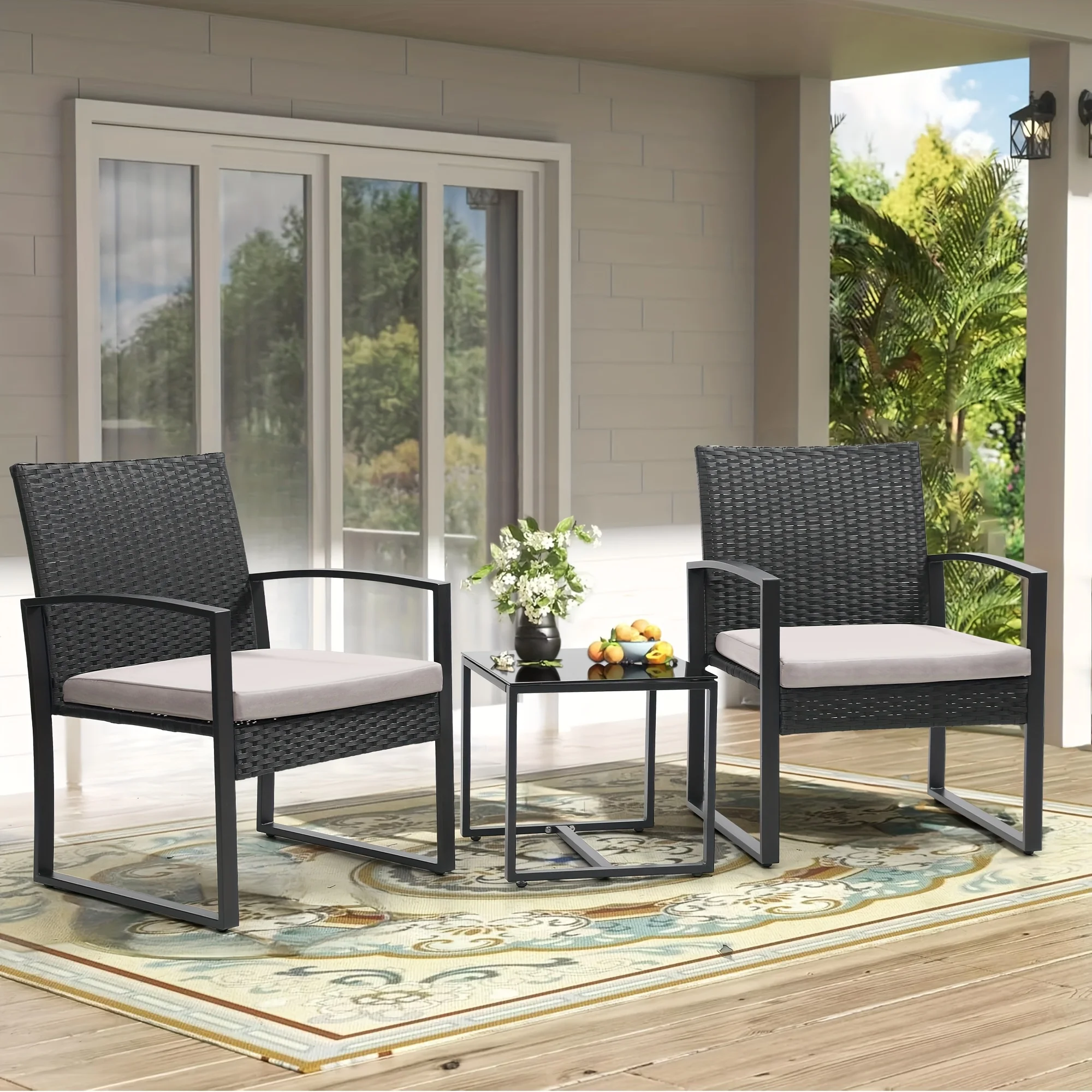 3 Pcs Outdoor Wicker Patio Bistro Set Conversation Furniture with Coffee Table Cushions for Garden Pool Balcony Backyard