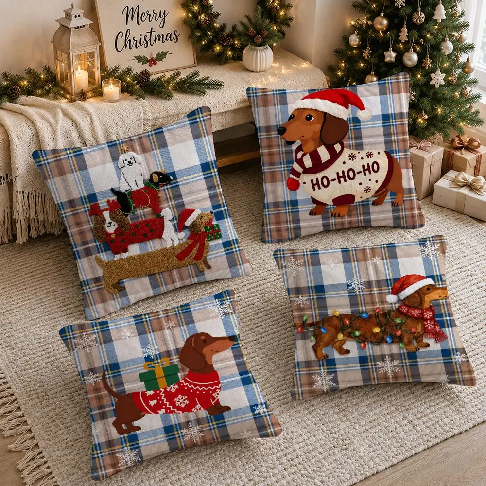 Christmas Sausage Dog Cushion Cover Soft Short Plush Double-Sided Printing Sofa Home Decor Festival Pillow Case Gifts