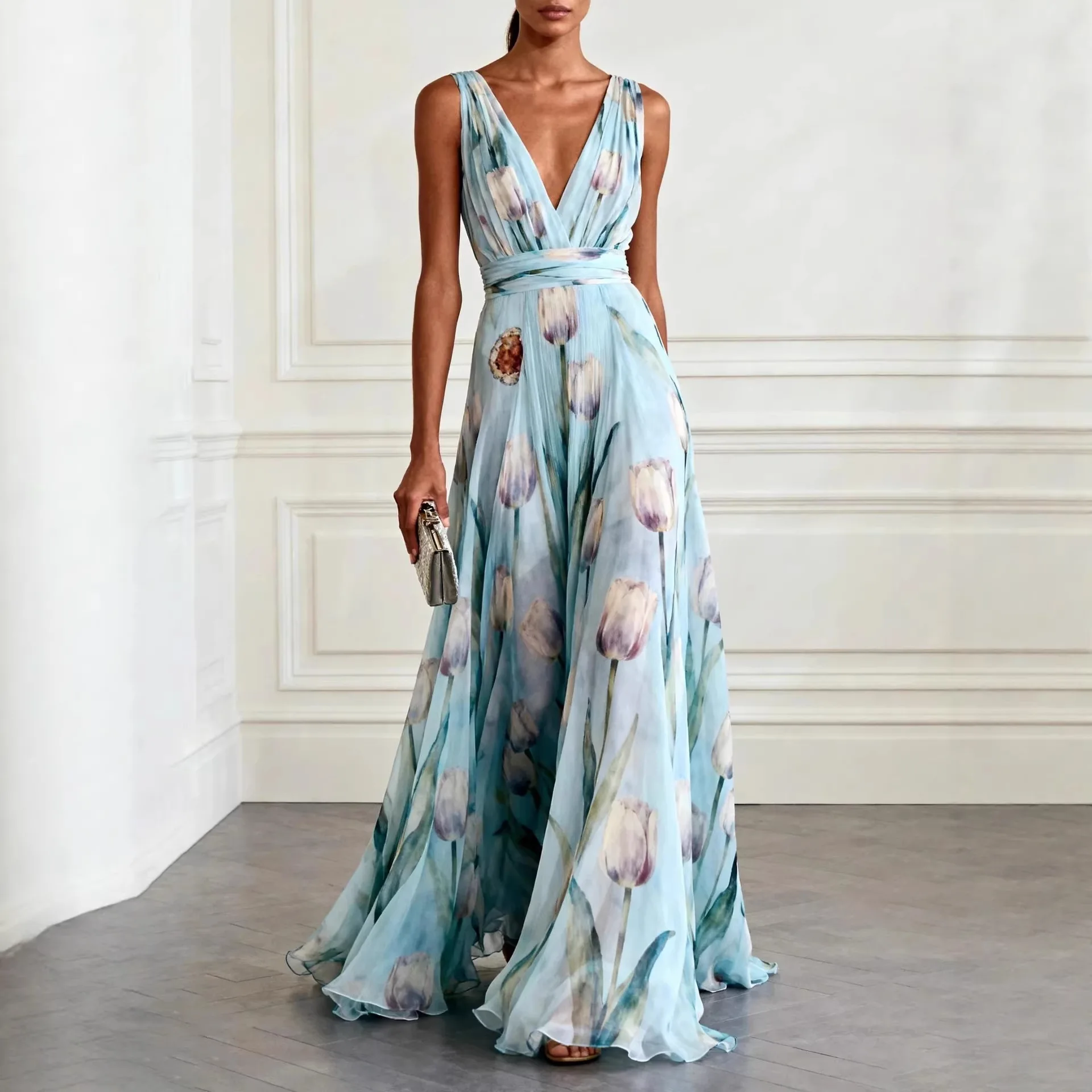 Nuevo Vestido de Noche Largo de Gasa con Estampado de Tulipanes Azules, sin Mangas, Cuello en V, Elegante y Fluido, para Banquete 2026