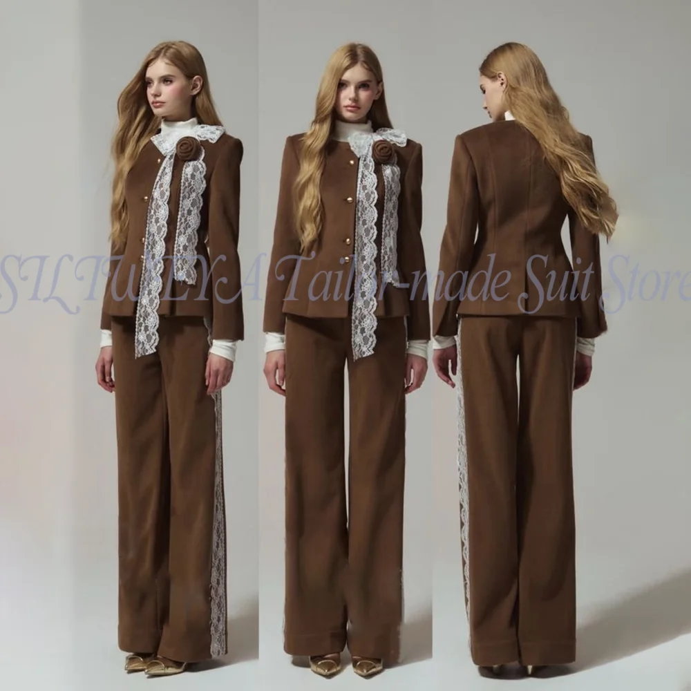 

Luxury Lace Applique Female Suits 2 Pieces Jacket Pants Blazer Set Smart Casual Office Lady Chic Outfits Trajes De Mujer Elegant