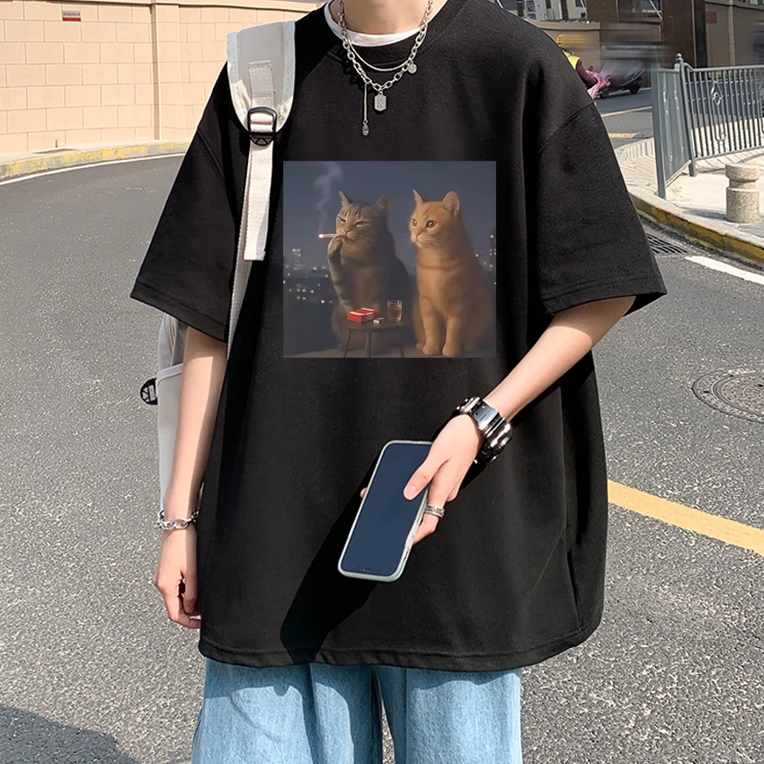 

Funny Humor New in Smoking Cat Meme Graphics short sleeve T-shirts Men Women harajuku Fashion Tops Unisex 100% Cotton T shirt