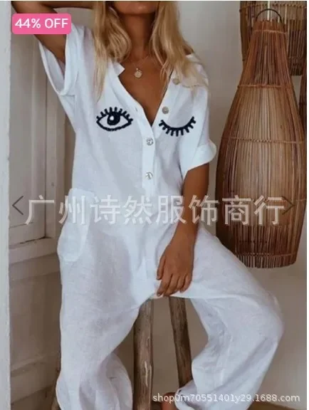 

Women Jumpsuit Print Pocket Romper V Neck Cotton Linen Button Up Loose Wide Legs Casual Pants Romper Streetwear Autumn Spring