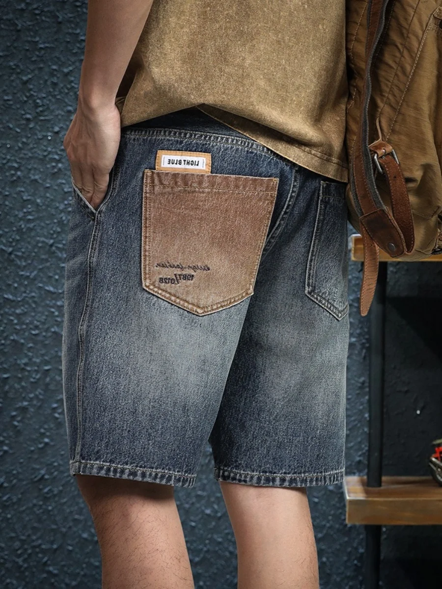 

Мужские повседневные джинсовые шорты в американском стиле с индивидуальным дизайном, прямые, с карманами, винтажные, с эффектом потертости, средней посадки, свободные, модные
