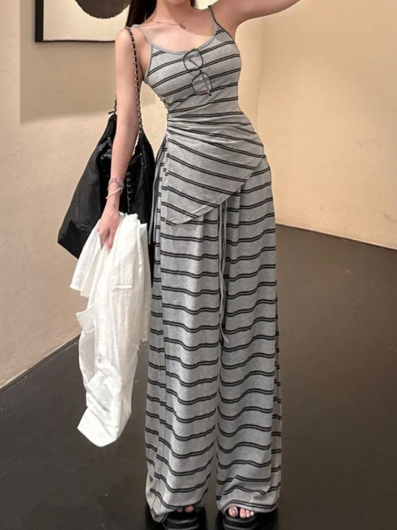 

Slimming Spaghetti Strap Top High Waist Striped Wide Leg Pants Set Two Piece Outfit for Summer Versatile Casual Wear