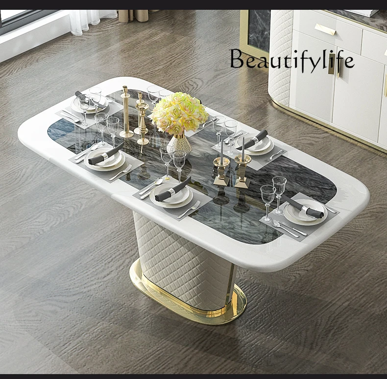 โต๊ะรับประทานอาหารและเก้าอี้สเตนเลสสตีลชุดรับประทานอาหารหนังรูปสี่เหลี่ยมขนมเปียกปูนหรูหราน้ำหนักเบาเก้าอี้ทรงโมเดิร์นหินอ่อน