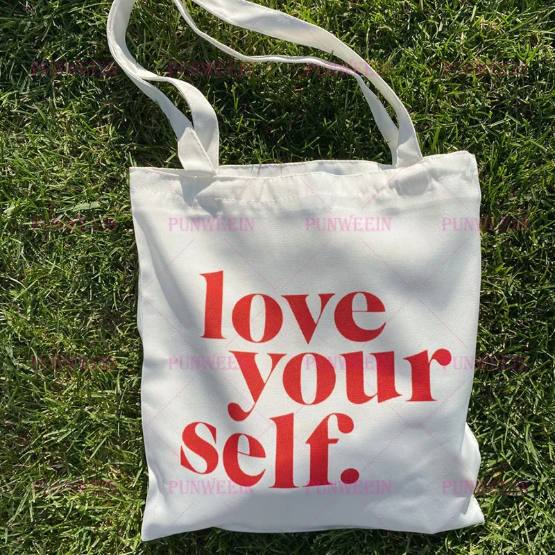 Love your self letter Print Canvas Bag Women Streetwear Casual Harajuku Handbag Y2K Shopping Bag Vintage Aesthetic Shoulder Bag