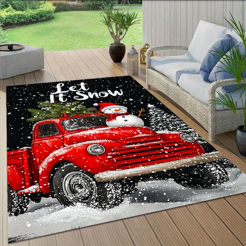 

Christmas Theme Polyester Carpet - Snowman & Red Truck Print, Large Area Rug for Entryway, Bedroom, Living Room - Festive Home