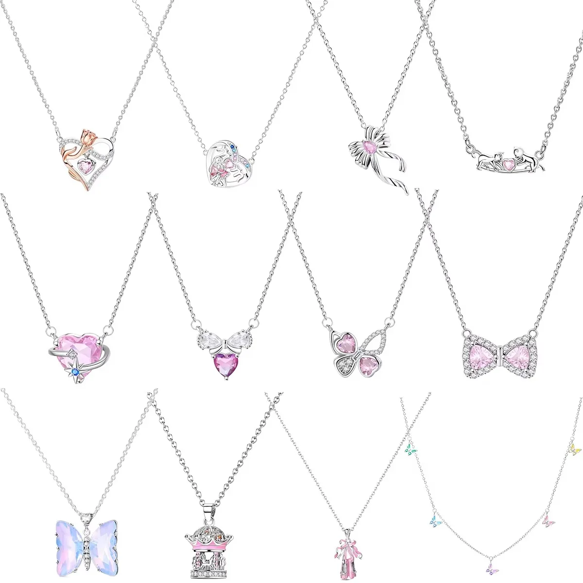 حار بيع الأصلي 925 الاسترليني قلادة فضية الوردي القوس القلب القمر فراشة قلادة الأزياء قلادة سحر الكلاسيكية DIY هدية