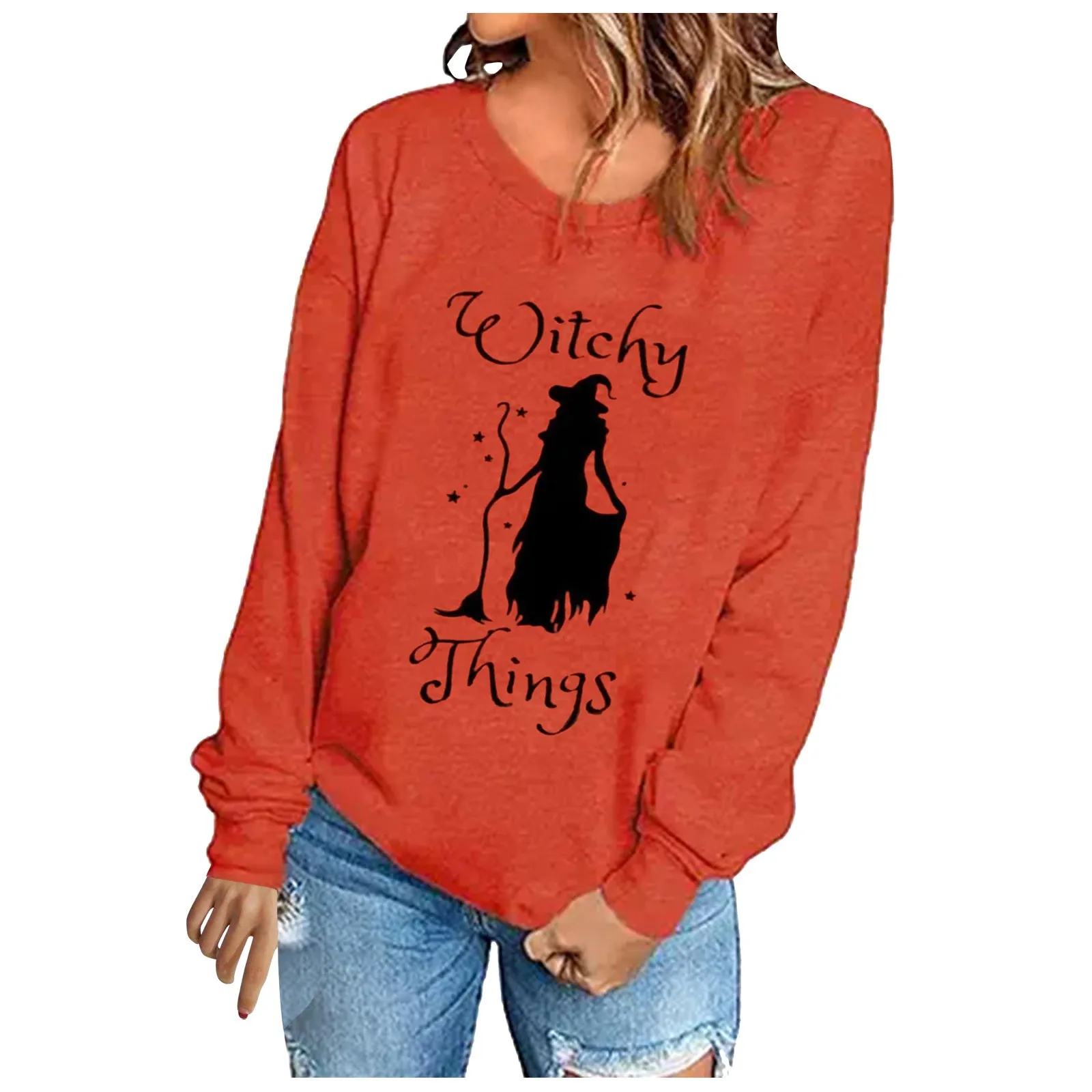 Halloween Witchy Things Sweatshirt Crewneck Long Sleeves Casual Y2k Hoodies With Pattern American Vintage Oversized Hoodless