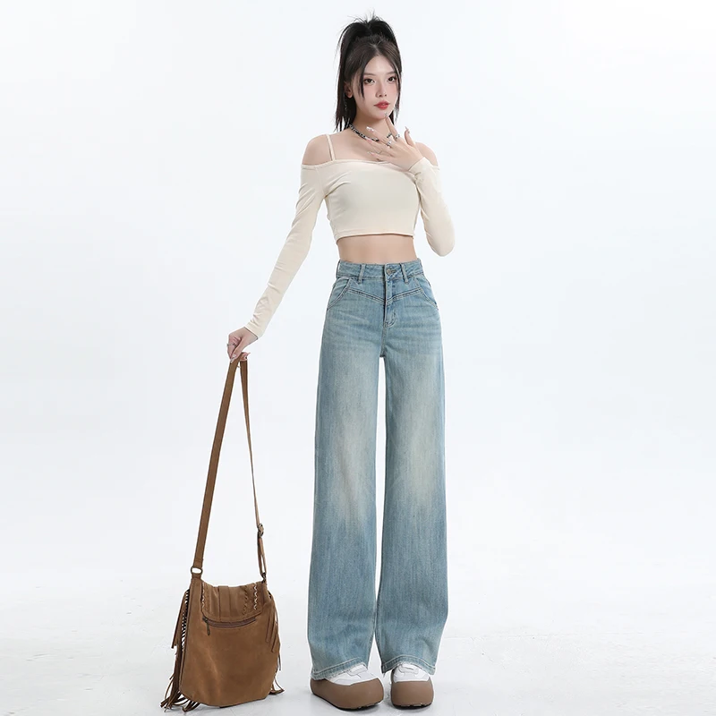 

Wide Leg Blue Jeans for Women 2024 New Spring Stretch Retro Color Small Straight Leg Womens Pants Plus Size XL