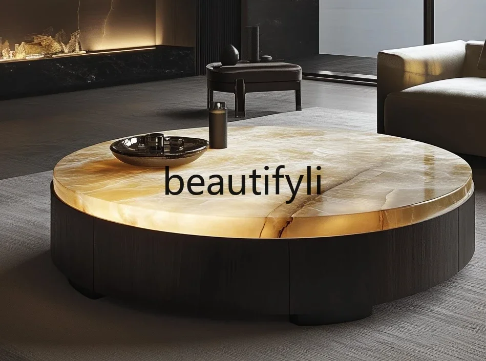 Round luminous jade coffee table light luxury modern high-end living room natural marble luxury stone minimalist, home  R