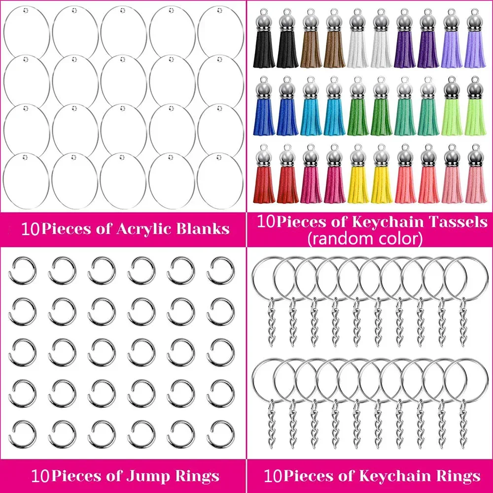 40PCS Acrylic Clear Circle Discs Keychain Set with Leather Tassel Pendant Jump Rings for Vinyl Kit DIY Keychain Vinyl Crafting
