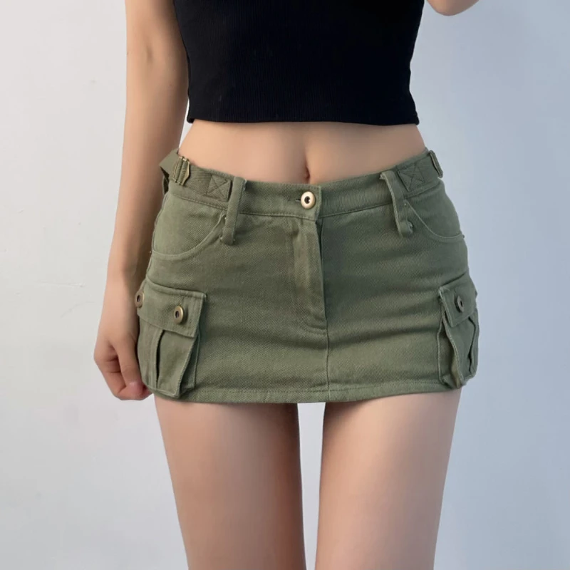 

HOUZHOU Denim Cargo Mini Skirt Women Korean Style Low Waist Slim Sexy Vintage Streetwear Green Jean Skirt Y2k Girl Summer