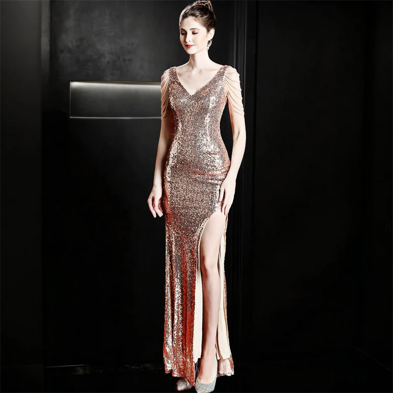 Hochwertiges Damen-Abendkleid mit Pailletten, Meerjungfrauen-Schnitt, V-Ausschnitt, rückenfrei, bodenlang, glitzernd, französisch-elegantes Bankett-Party-Festkleid – Detail 6