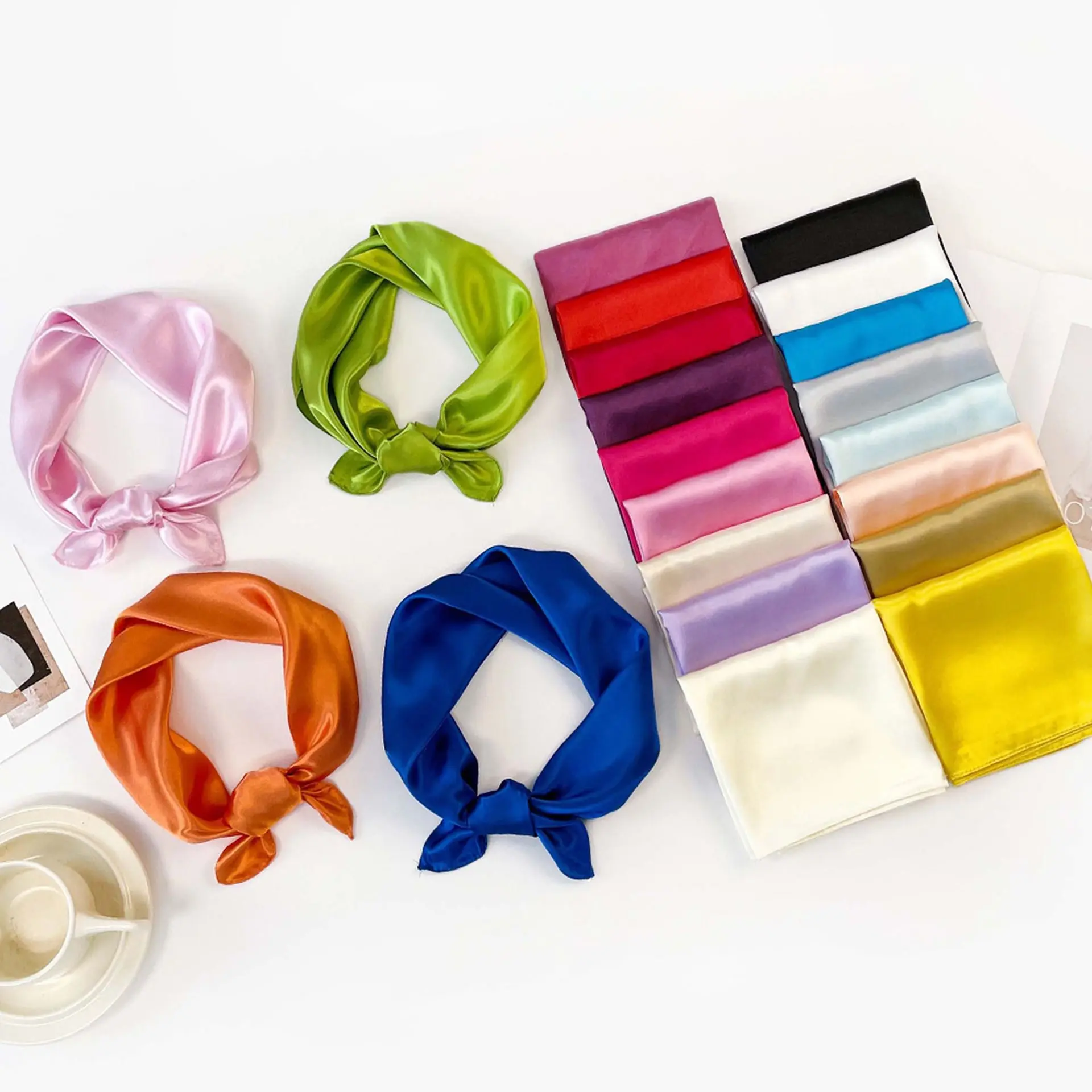 

Solid Color Satin Faux Silk Square Scarf Women 60cm European Minimalist Shawl bandana Neck Wrap Multi-functional Headscarf